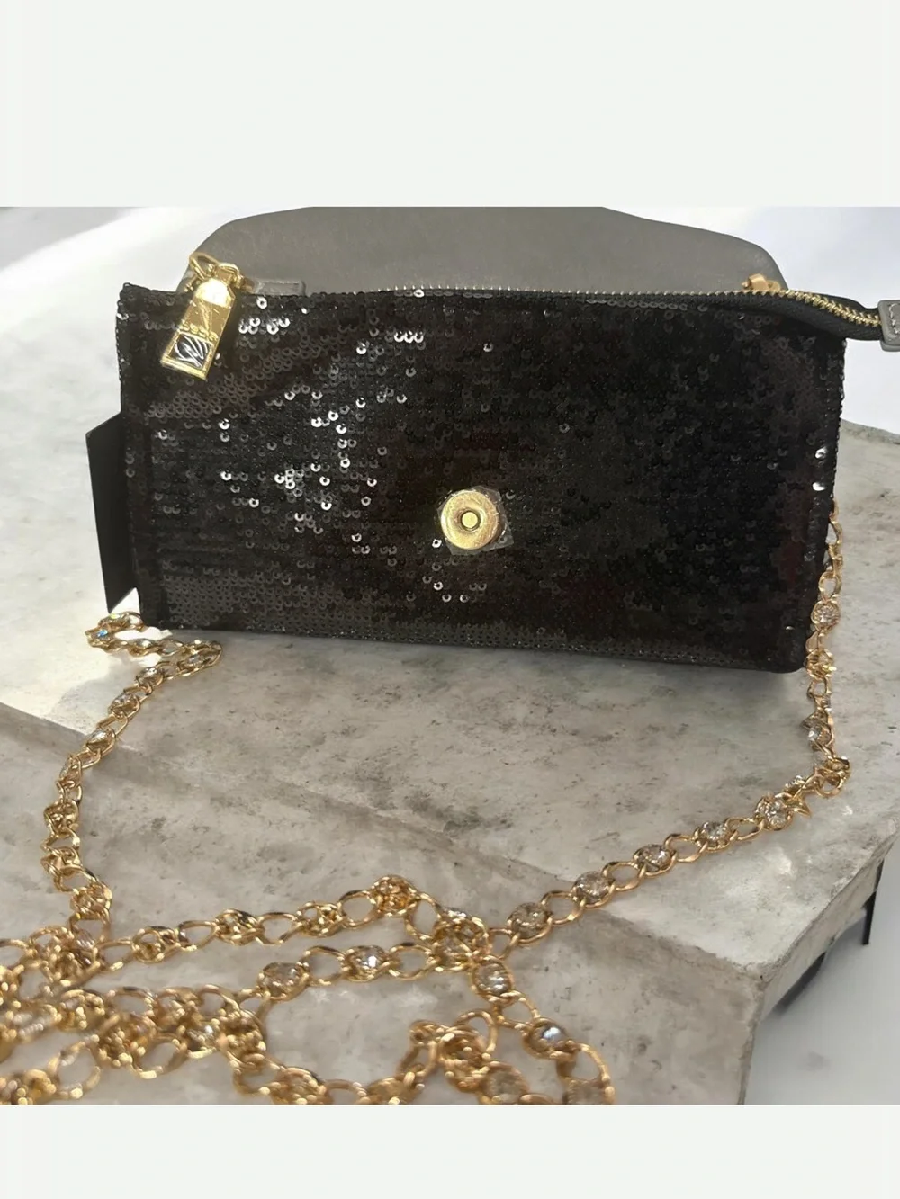 Bebe Black Sequin Clutch with  Gold embellished chain and Gold 'B' Emblem